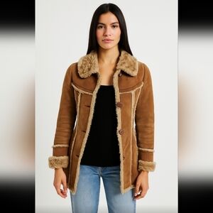 Miss Sixty Womens Suede Vintage 70s Penny Lane Bohemian Faux Fur Trim Coat XS